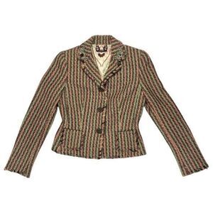 Elie Tahari Tweed Blazer Brown Sz Small Vintage Wool Embellished Y2K Rare Jacket